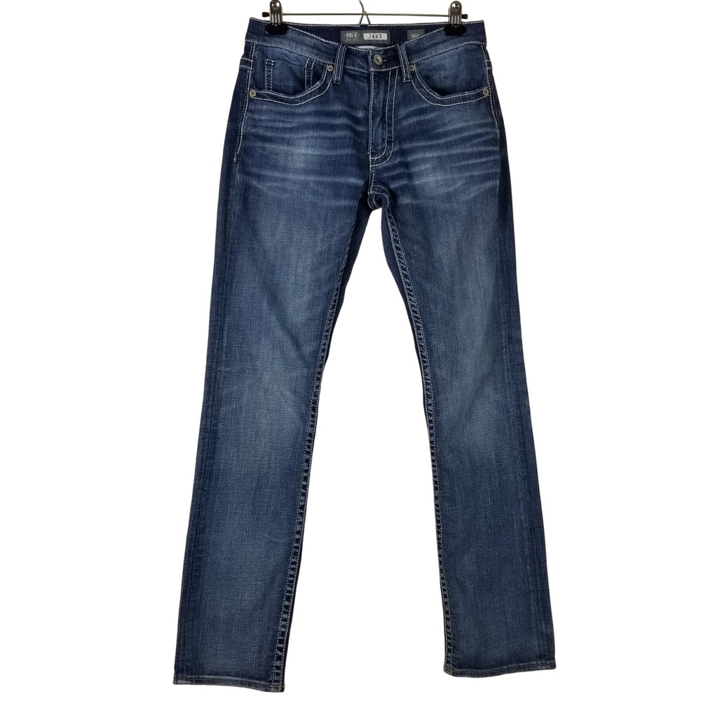 BKE Jake Straight Leg Jeans Mens 30L Blue Medium Wash Contrast Stitch Stretch